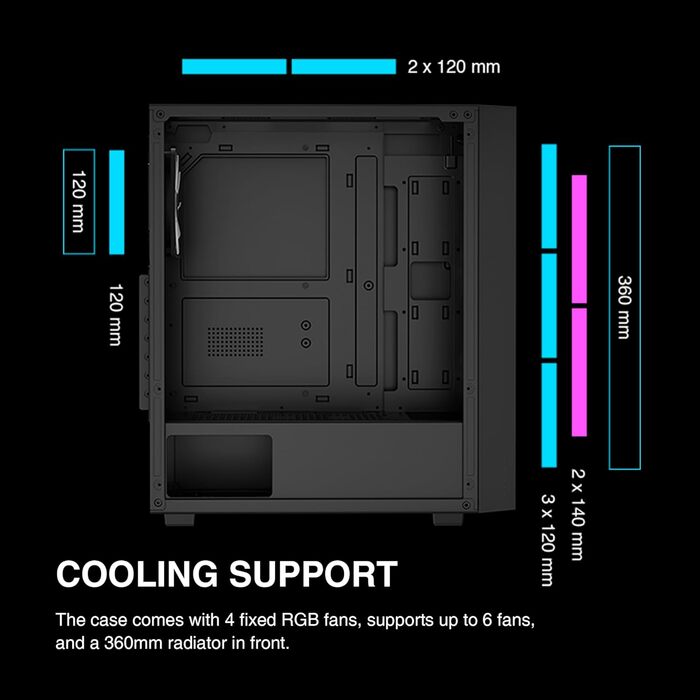 Ігровий корпус GAMDIAS AURA GC2 Elite ATX, мід-тауер, скло, 4x120 мм ARGB вентилятори, чорний, висока вентиляція