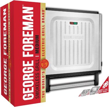 Контактний гриль George Foreman з антипригарним покриттям для приготування паніні та сендвічів [Без диму - 87% менше диму] Настільний гриль (знімні та придатні для миття в посудомийній машині пластини, температура 200°C, корпус з нержавіючої сталі) 28000-