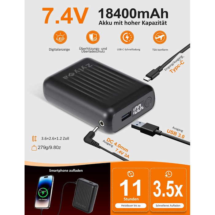 Електричний зігрівальний жилет для чоловіків з PowerBank 18400mAh 7.4V, теплий утеплений жилет для роботи та відпочинку на відкритому повітрі, XXL, чорний