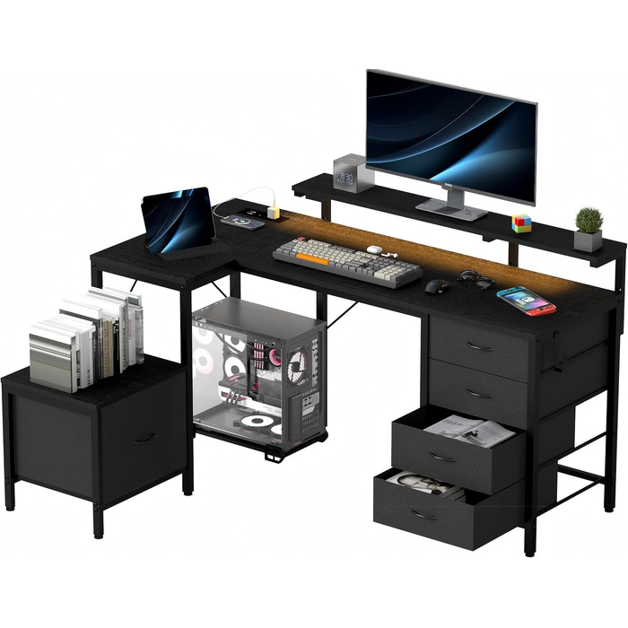 Кутовий стіл Devoko з розетками та USB, 160x120 см, чорний - для дому та геймінгу