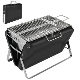 Мангал із нержавіючої сталі з функцією коптильні BBQ Smoker, з решіткою-грилем, ручкою та відкидними ніжками для барбекю та кемпінгу, 40x28x25,5 см, чорний