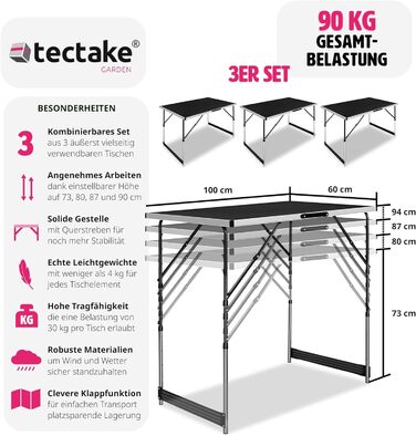 Складаний алюмінієвий стіл TecTake 3-в-1, універсальний, регульований, 100x60 см, чорний, стільниця МДФ, для кемпінгу, вечірок, роботи