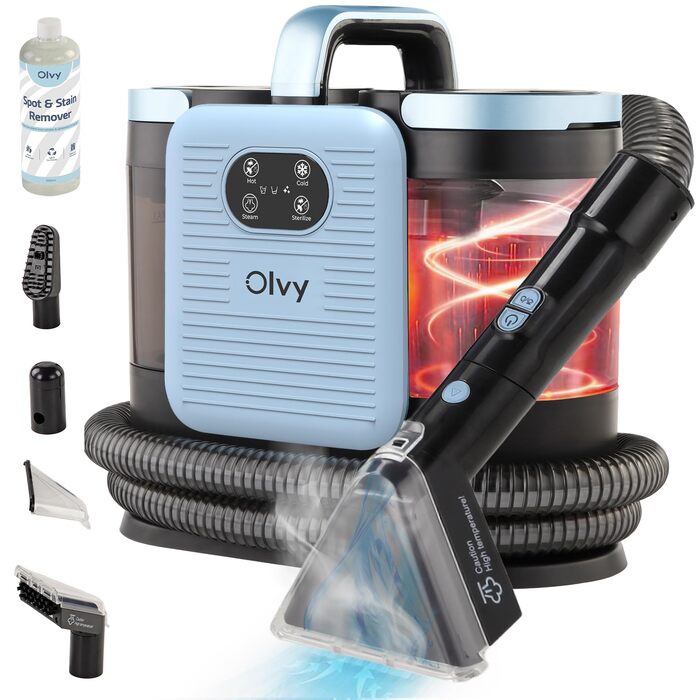 Olvy Teppichreiniger PRO: професійний пароочисник для килимів та м'яких меблів, 1650W. Включає миючий засіб. Підходить для чищення диванів, матраців та оббивки.
