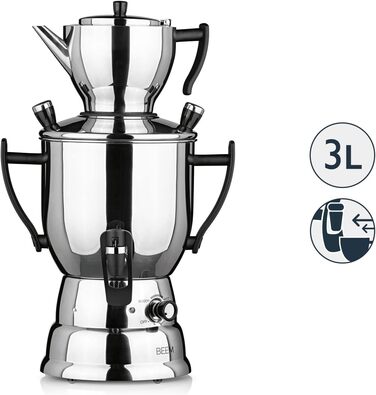 Електричний самовар BEEM TEA-PERFECT 3 л з чайником 1,2 л з ситечком, нерж. сталь, термостат, диспенсер, для дому та HoReCa