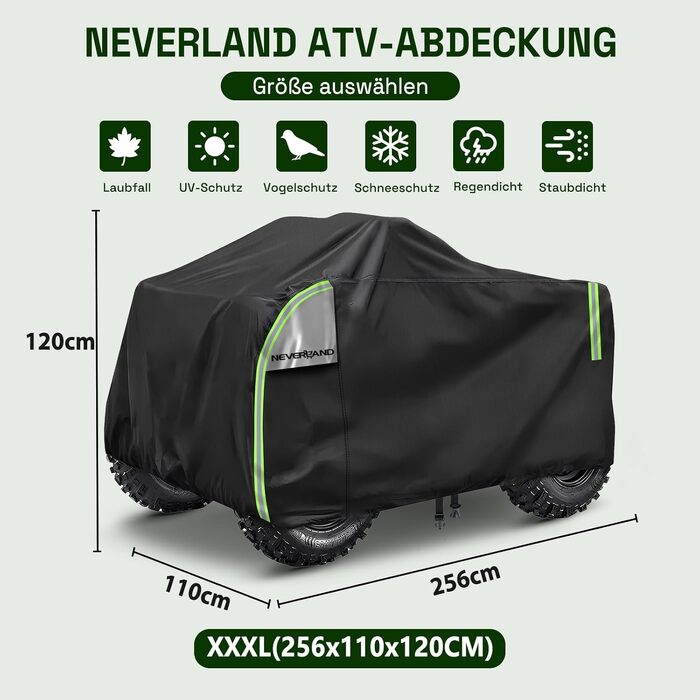 Водонепроникний захисний чохол для квадроцикла NEVERLAND Quad ATV XXXL (256 x 110 x 120 см), чорно-сріблястий/зелений