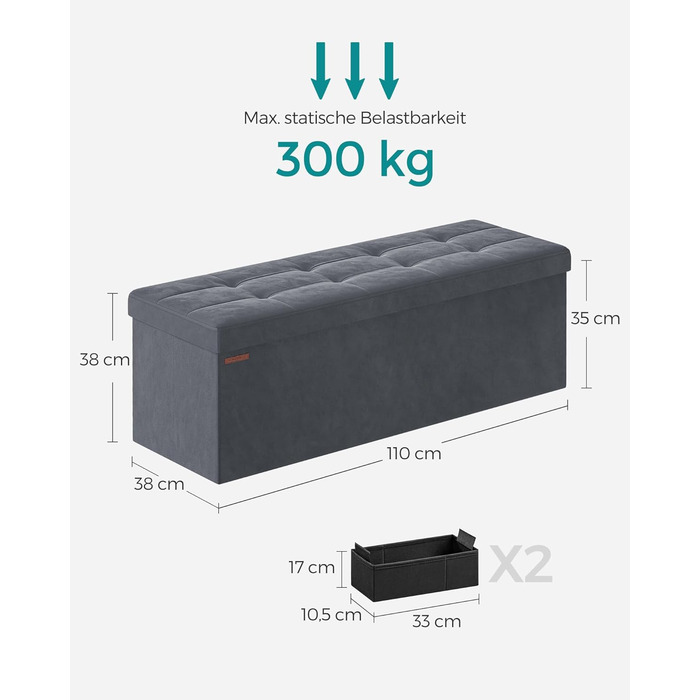 Складаний пуф SONGMICS з місцем для зберігання, оксамитовий, 110x38x38 см, до 300 кг, сіро-грифельний, для вітальні, спальні, передпокою