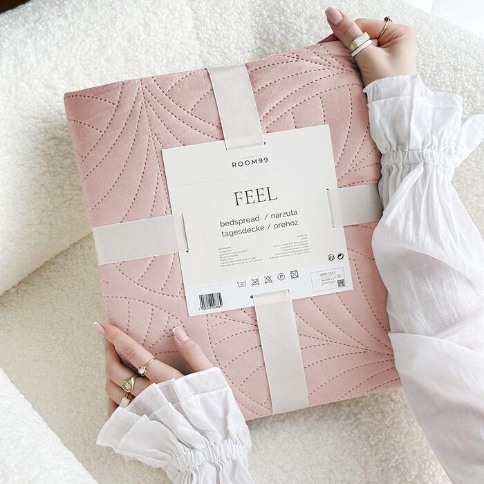 ROOM99 Feel Elegante стьобана покривало-плед із оксамиту пудрово-рожеве 240x260 см для ліжка та дивана