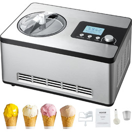 Електрична машина для приготування морозива VEVOR 2L, 180W - Морозиво, сорбет, йогурт, Gelato. Срібна, горизонтальна