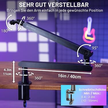Настільний мікрофонний стійка-пантограф SENSIC SA-30 LP Low Profile з обертовим плечем 360°, кабелем-менеджментом та універсальним тримачем для стрімінгу та запису