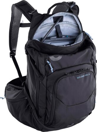 Рюкзак EVOC EXPLORER PRO 26л чорний – комфортний міський та туристичний рюкзак з системою вентиляції AIR FLOW CONTACT, гнучким поясом AIRO FLEX, відділенням для питної системи та дощовиком, преміум-якість