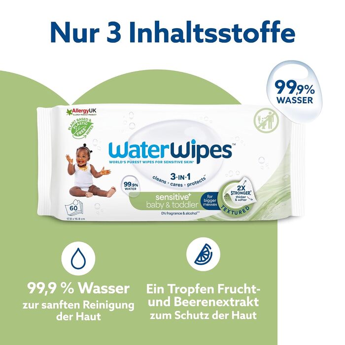 Дитячі вологі серветки WaterWipes Sensitive+ для немовлят та дітей, 99,9% води, 12 пакок по 60 шт (загалом 720 шт)
