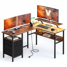 Комп'ютерний стіл VASAGLE L-подібний з розетками, LED-підсвічуванням та USB-портами, 150 x 120 x 76 см, для дому та офісу, вінтажний колір