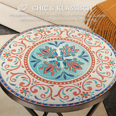Outsunny Side Table Складаний садовий стіл з мозаїчним дизайном, Ø35.5 x 55 см Круглий атмосферостійкий металевий балконний стіл, Кемпінговий стіл Розкладний стіл Журнальний столик для вітальні, офіс, Відкритий Внутрішній, Багатокольоровий