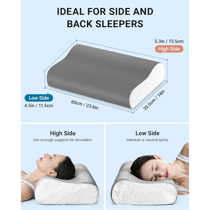 Подушка ортопедична Elviros з піною Memory Foam для сну на боку та спині, регульована, знімний чохол сірий