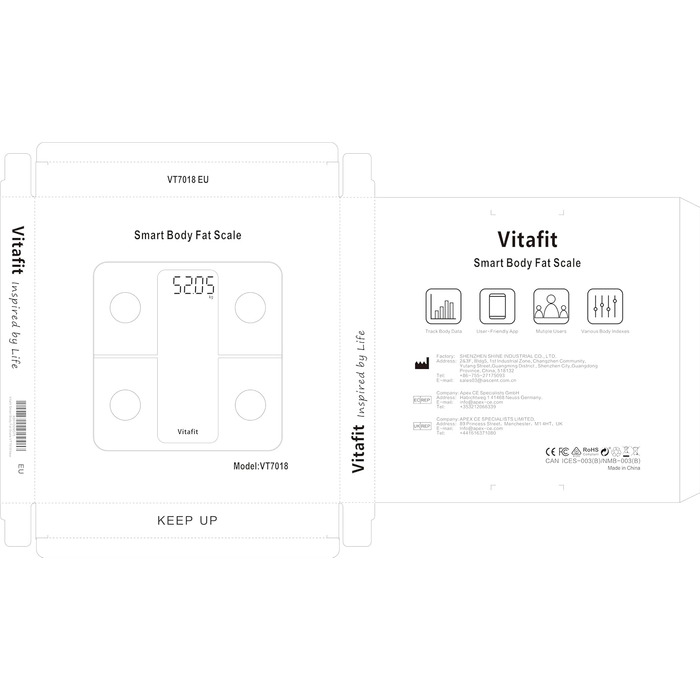 Ваги для аналізу складу тіла Vitafit з Bluetooth і додатком, вимірювання жиру, м'язової маси, ІМТ, білка, BMR, срібні