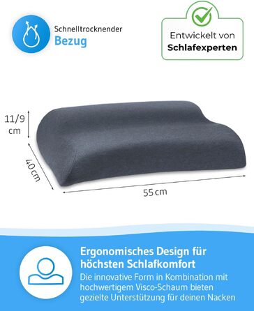 Подушка для шиї MATAR Quickdry: ортопедична піна Memory Foam, швидковисихаючий чохол, для сну на боку та спині, антрацит