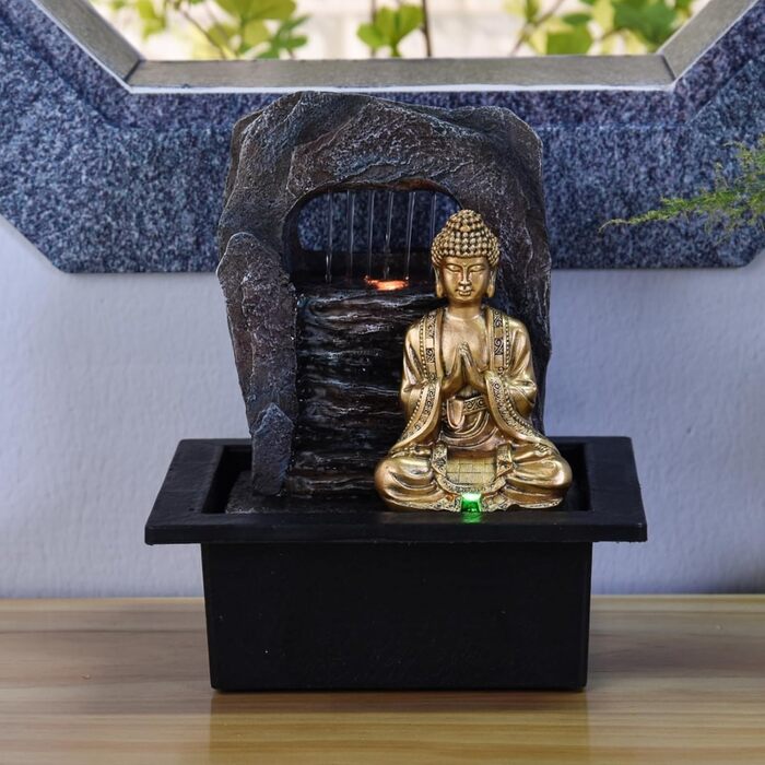 Джерело води Zen'Light Dao від Zimmerbrunnen: Будда, LED-підсвітка, для медитації та релаксації. Декор Фен-Шуй, висота 26 см, горіх