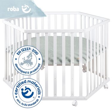 Дитячий шестикутий манеж з дерева roba Style frosty green, 3-рівнева регулювання, мобільний, на колесах, з матрацем, білий