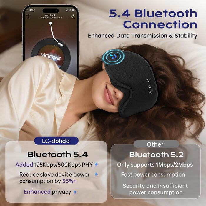 Маска для сну з навушниками Bluetooth 3D LC-Dolida для жінок та чоловіків, повна світлоізоляція, комфорт протягом усієї ночі, м'які навушники для сну під час подорожей, чорний колір