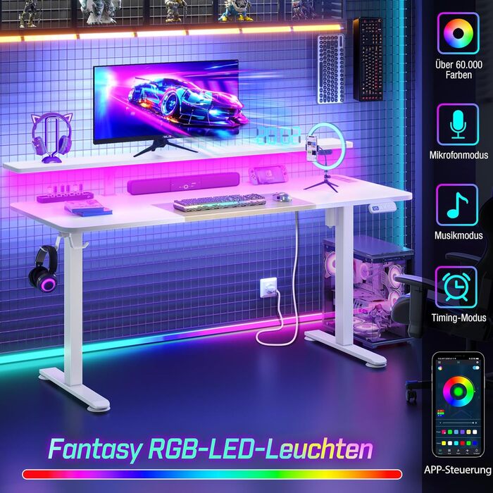 Електричний стіл Rolanstar 160x60 см з регулюванням висоти, LED-підсвіткою, розетками та USB, ергономічний комп'ютерний стіл для геймінгу й офісу