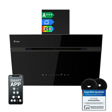 Витяжка кухонна KKT Kolbe Aurora 6005FB Full-black: 80 см, скло, чорна, продуктивність 782 м³/год, WiFi, сенсорне керування, RGBW LED-підсвітка, режим рециркуляції та відведення