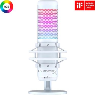 HyperX QuadCast S білий – USB конденсаторний мікрофон з RGB-підсвіткою для ПК, PS5, Mac, підвісом, 4 направленостями, поп-фільтром і регулятором чутливості, для геймінгу, стрімінгу, подкастів, Discord, Twitch