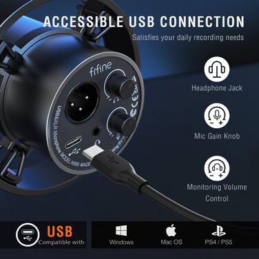 Динамічний XLR студійний мікрофон FIFINE з USB для ПК, стрімінгу, подкастів, ігор, сумісний з PS4/5, Mac, мікшерами та звуковими картами
