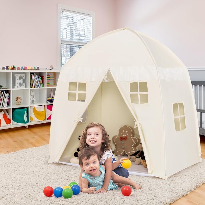 Дитячий ігровий будиночок GOPLUS XL, 143x100x155 см, з сумкою, килимком, дверцятами на блискавці та 4 вікнами, для 2-3 дітей від 3 років (Бежевий)