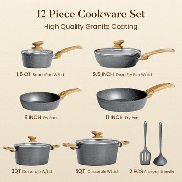 Набір каструль Kitchen Academy Induktion 12 шт. з нержавіючої сталі, сірий граніт, антипригарне покриття, PFOA & PFOS-free