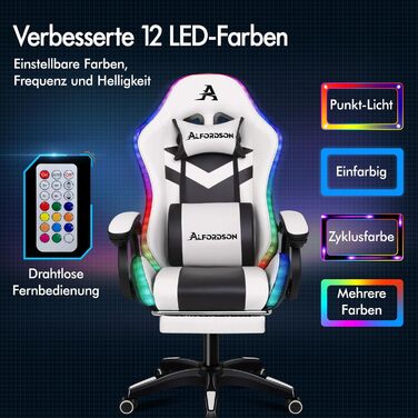 Ігрове крісло ALFORDSON з LED RGB підсвіткою, масажем, підставкою для ніг, ергономічне, біле