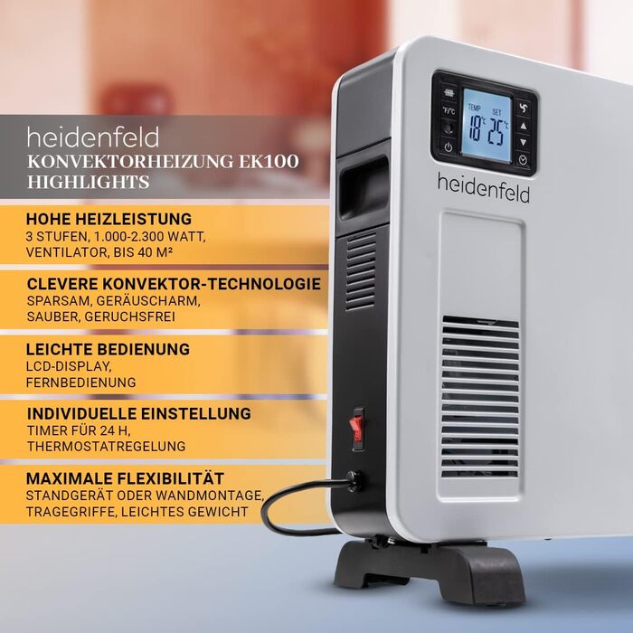 Електричний конвектор Heidenfeld EK100, 2300 Вт, з пультом, таймером і LCD-дисплеєм, для обігріву до 40 м²