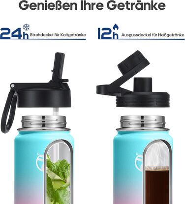 Термобутиль HydroPal з нержавіюючої сталі 1200 мл, BPA-free, вакуумна ізоляційна пляшка для спорту та подорожей, 24г холоду/12г тепла, герметична, з соломинкою та 2 кришками