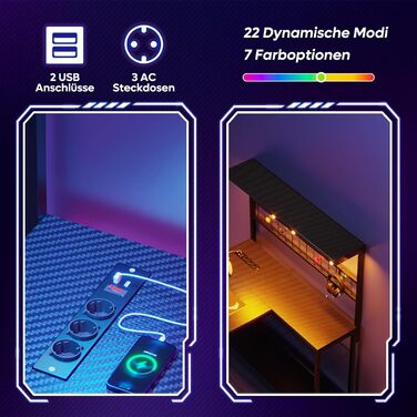 Ігровий стіл Bestier L-подібний кутовий, 130 см, з LED-підсвіткою, розетками, 4 полицями, підстаканником та гаками, вуглецеве покриття, чорний