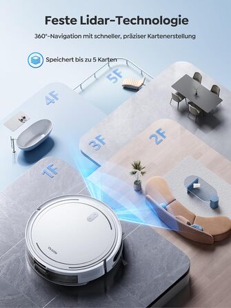 Робот-пилосос з функцією миття підлоги Vyzzle D10, LDS-навігація, 5000Pa, керування через додаток/Alexa, для шерсті тварин, килимів, твердих підлог, білий