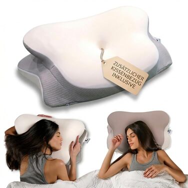 Ортопедична подушка для сну з ефектом пам'яті для шиї та спини - Ergonomisches Kissen - Сіра/Біла, з 2 наволочками, регульована висота, сертифікована, при болях у шиї