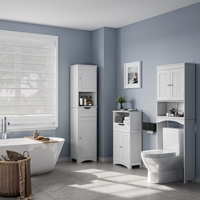 Висока шафа для ванної Bealife 170x40x30 см, біла, з регульованими полицями, відкритою нішею, шухлядою та дверцятами для ванної кімнати, вітальні, спальні