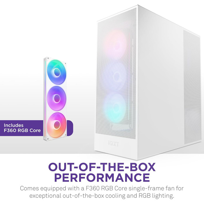Корпус NZXT H7 Flow RGB білого кольору, Mid-Tower ATX з ефективною вентиляцією, комплектується RGB-вентиляторами, підтримка підлогових вентиляторів для прямого охолодження GPU, сумісний з 360 мм вентиляторами у єдиній рамі