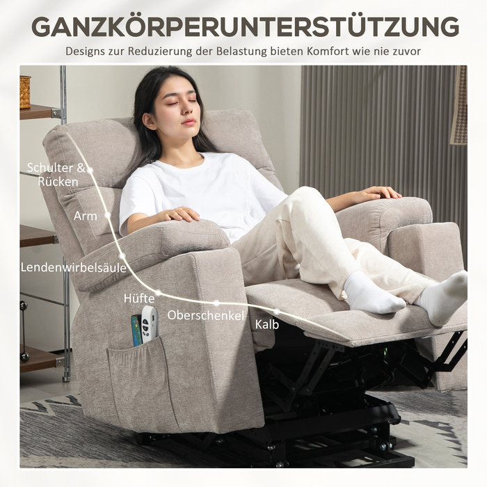 HOMCOM Recliner Електричний телевізор Реклайнер з допоміжним засобом для сидіння та стоянки, вібраційний масаж, функція відкидання, масажне крісло з підніжкою, 2 двигуни, поперекове тепло, таймер, бічна кишеня, тримач для чашки світло-коричневий