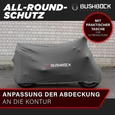 Преміум чохол для мотоцикла в приміщенні BUSHBOCK® — еластичний пилозахисний покривал з дихаючого оксамитового стрейч-тканини, сірий (розмір M-L)