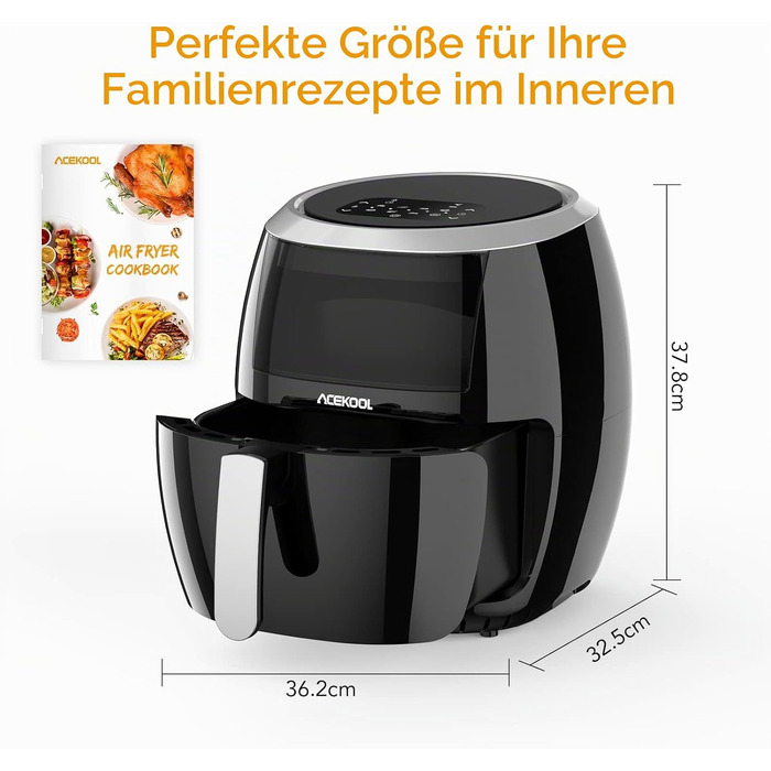 Аерофритюрниця Acekool XXL 8л, 1800 Вт, без масляного смаження, 8 програм, регулювання температури, сіра (з книгою рецептів)