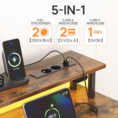 Письмовий стіл Rolanstar з розеткою, 5 шухлядами, LED підсвіткою, органайзером та підставкою під монітор. Кутовий стіл для дому та геймінгу (Вінтажний коричневий)