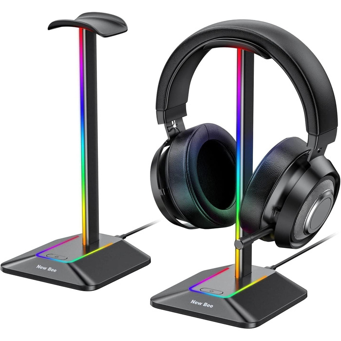 Підставка для ігрових навушників New Bee RGB з бездротовою зарядкою, 7 режимів підсвічування, USB, чорна