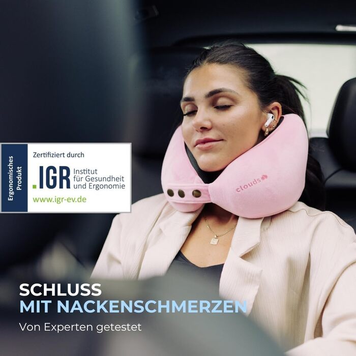 Подорожня подушка для шиї CLOUDS з ефектом пам'яті (Memory Foam) для літака та авто, регульована, дихаюча тканина, рожева, розмір S/M