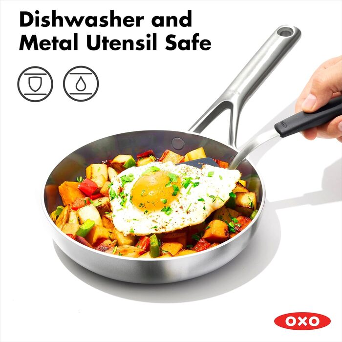 Набір посуду OXO Mira з нержавіючої сталі 10 предметів: каструлі, сковороди, сотейник, кришки + керамічна антипригарна сковорода. Підходить для індукції, стійкий до металевого посуду.