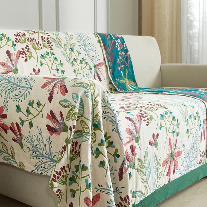 Покривало Bailix Premium Boho з 100% бавовни, двостороння муслінова ковдра 150x200 см, плед для дивана та ліжка в стилі пэчворк, смарагдово-бежевий