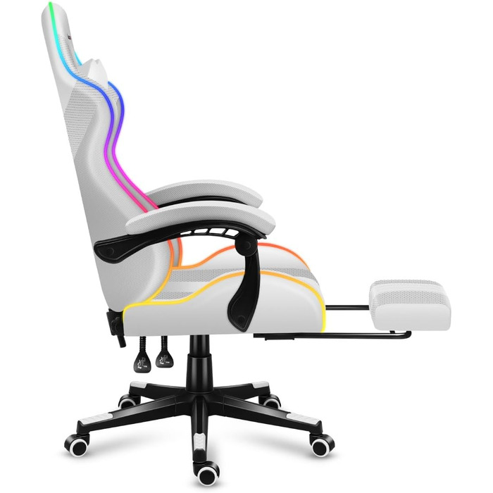 Ігрове крісло Huzaro Force 4.7, офісне, до 140 кг, RGB, біле, з підлокітниками, підставкою для ніг, подушкою для шиї та попереку, дихаюча сітка