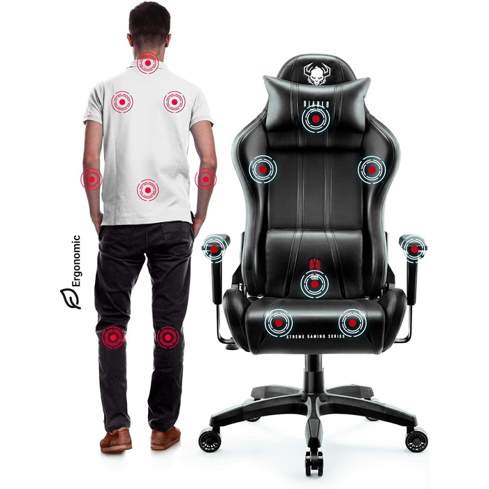 Ігрове крісло Diablo X-One 2.0 XL Craft King з ергономічним дизайном, регульованими підлокітниками, подушками для шиї та попереку, функцією гойдання, для геймерів і офісу