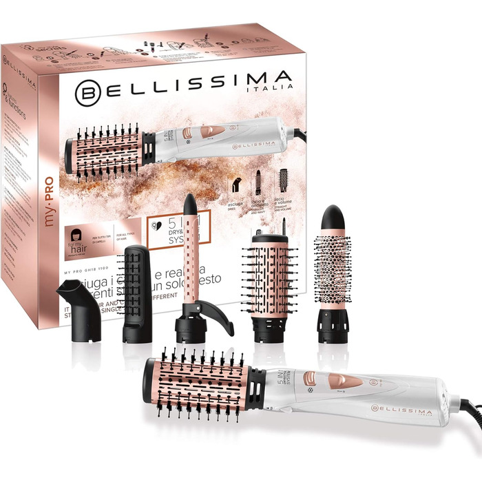 Фен-щітка Bellissima My Pro GH18 1100 з керамічним покриттям, 1000 Вт, 5 насадок для укладки волосся: випрямлення, блиск, хвилі та локони