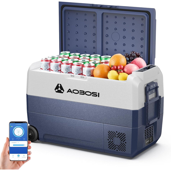 Автомобільний компресорний холодильник AAOBOSI 50л з Wi-Fi, 12/24V та 220V, -20°C для авто, кемпінгу, вантажівок, з двома зонами охолодження