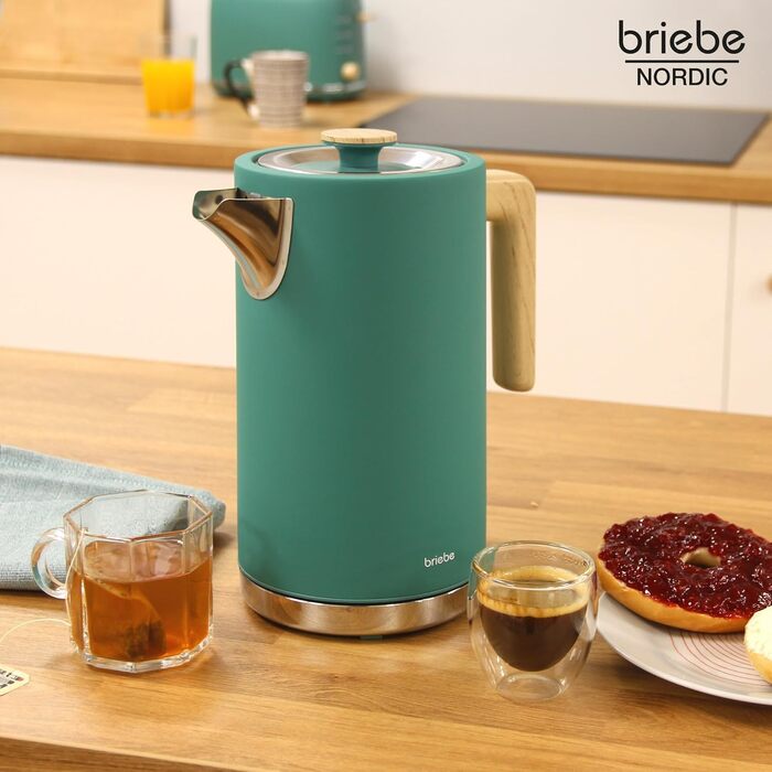 Тостер Briebe Nordic Set 2-слотовий з підставкою для булочок, 6 режимів + Електричний чайник 1.7л 2200W, BPA-free, Набір для сніданку в скандинавському дизайні (Зелений)